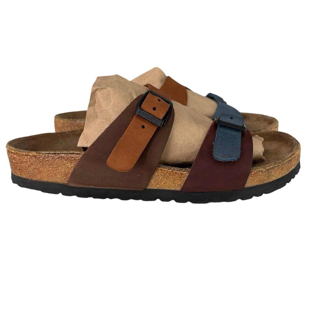 Birkenstocks Arizona colorblock blue & brown sandals sz 38 leather boho comfort